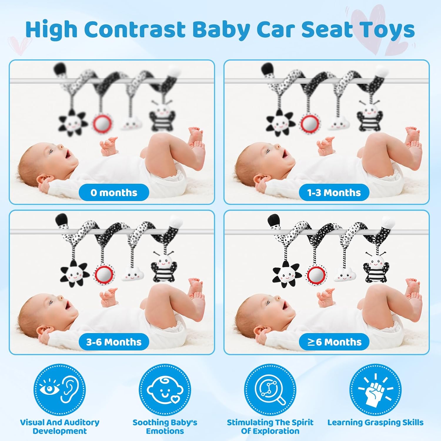 Car Seat Toys Hanging and Stroller Toys for Babies 0-6 Months，High Contrast Baby Toys for Newborn 0 3 Months Brain Development,Black and White Baby Toys for Crib Mobile，Infant Ideal Gift