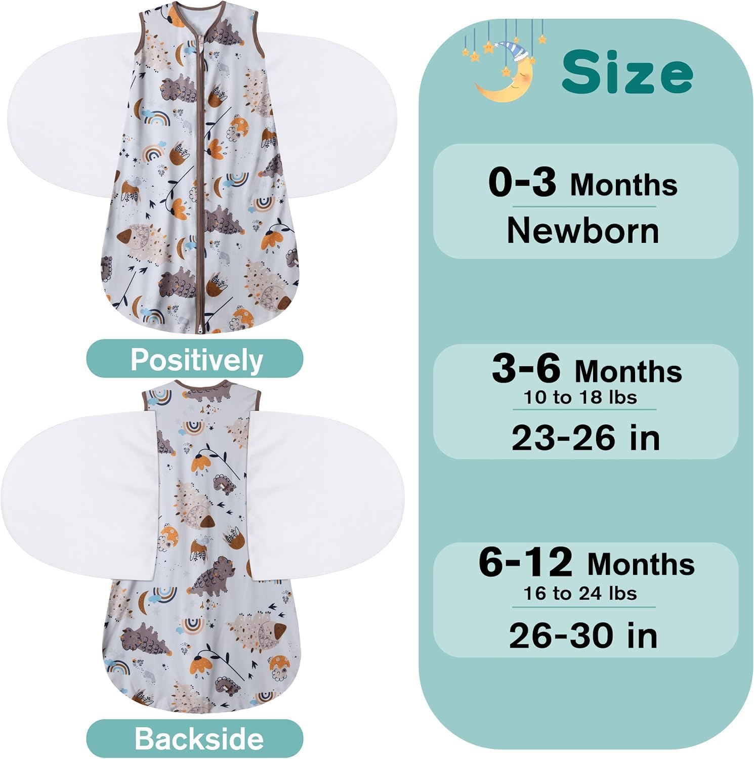 Newborn Sleep Sack Baby Swaddle,3-Way Adjustable Wearable Blanket,100% Rayon Cotton Swaddling Sleeping Bag，TOG 0.5 (Fox & Dinosaurs, 3-6 Months)