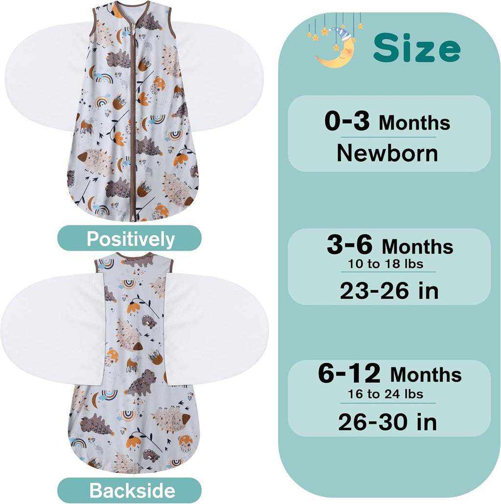 Newborn Sleep Sack Baby Swaddle,3-Way Adjustable Wearable Blanket,100% Rayon Cotton Swaddling Sleeping Bag，TOG 0.5 (Fox & Dinosaurs, 0-3 Months)