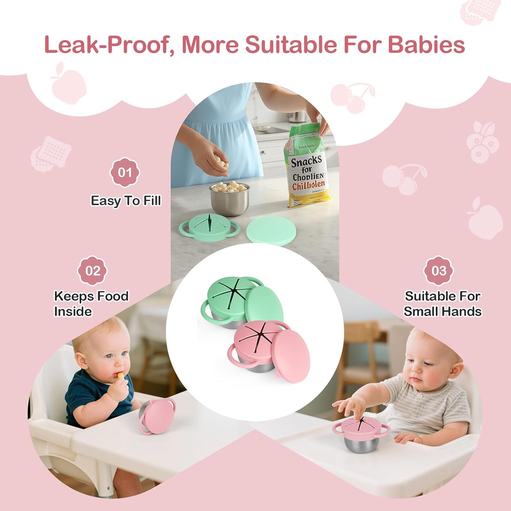 2 Pack Snack Cups for Toddlers Spill Proof - Detachable Stainless Steel Toddler Snack Cups with Silicone Lids & Handles - Dishwasher Safe Baby Snack Containers for Mess-Free Snacking (Green and Pink)