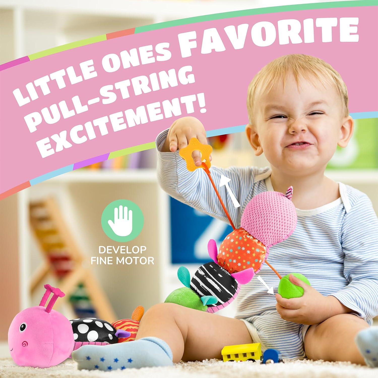 Baby Toys 6-12 Months Music Caterpillar Infant Toys Stuffed Animals 0-3-6 Months Teething Tummy Time Sensory Toys with Mirror Rattle&Pull String for Boys Girls Birthday Gifts|Candy Pink,Leafy