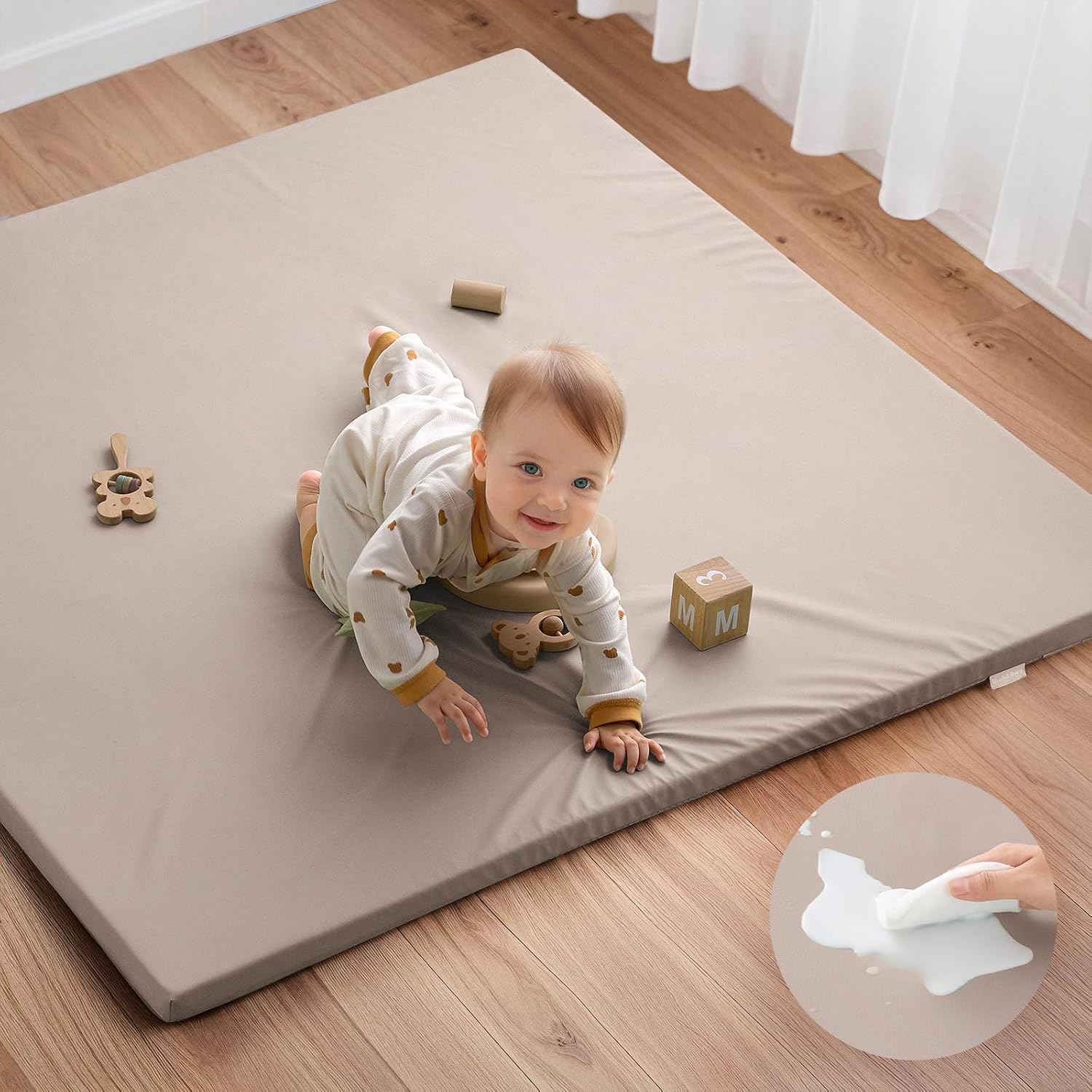Blissful Diary Vegan Leather Baby Play Mat, 50x50 Thicken Foam Cushioned & Waterproof Playpen Mat for Infants and Toddlers, Stylish and Just Wipe-Clean Playmat for Baby Play on Floor, Brown Gray