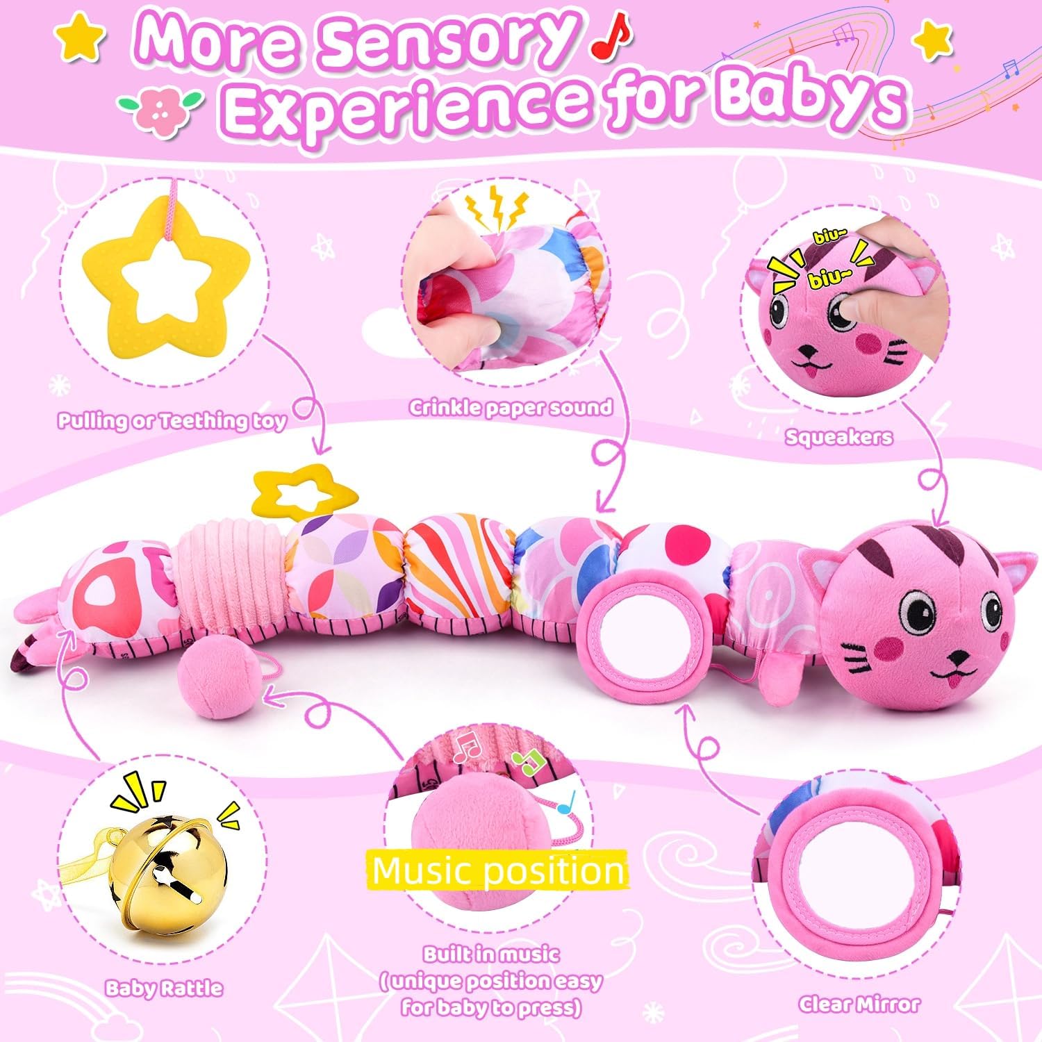Baby Toys 0 to 12 Months, Stuffed Animal Infant Tummy Time Toys Sensory Toys with Crinkle Rattles Textures and Mirror Gifts for Newborn Boys Girls, Cat Caterpillar Musical Toys (Pink)