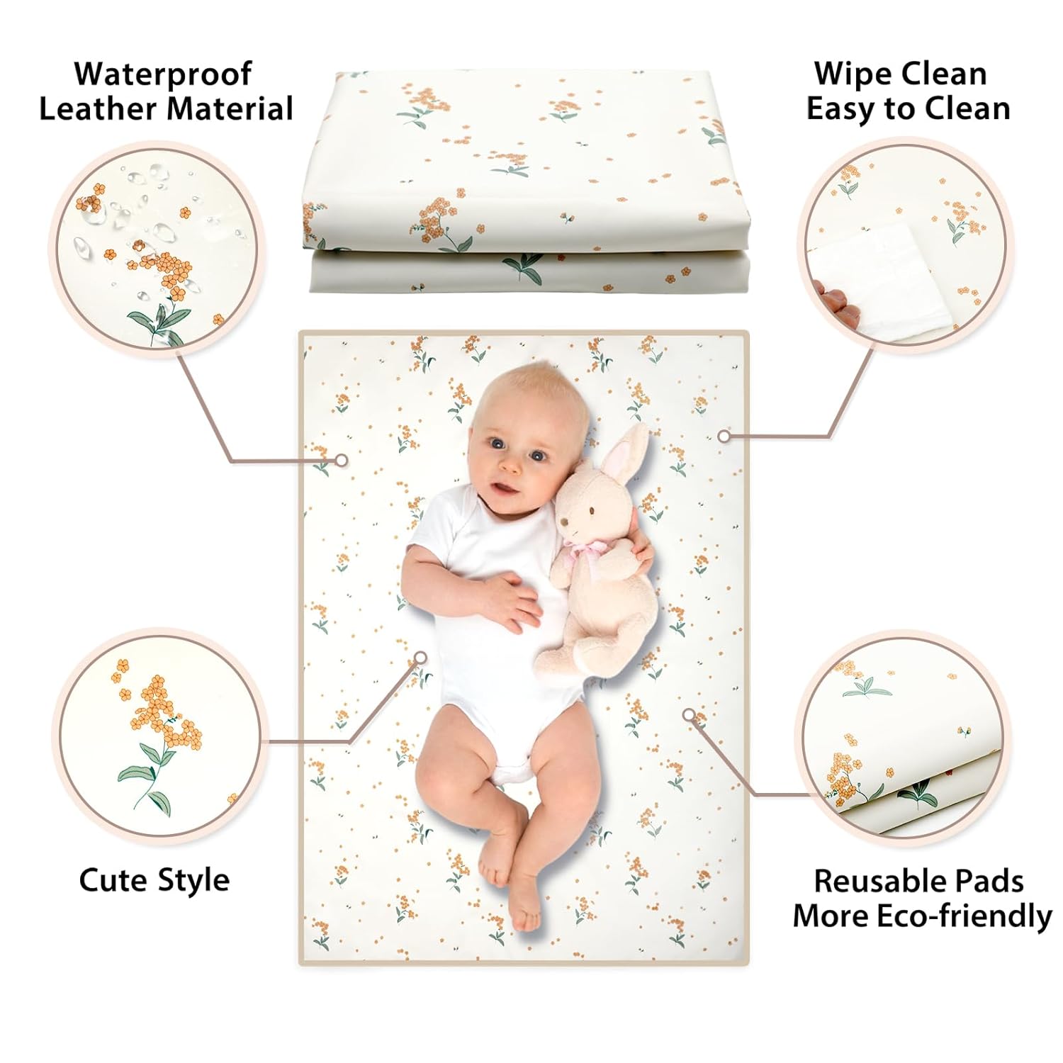 Vegan Leather Baby Changing Mat - Wipeable Portable Changing Pad, Foldable Travel Changing Mat for Baby, Newborns Toddlers Shower Gifts (Orange Floral,20"*28")