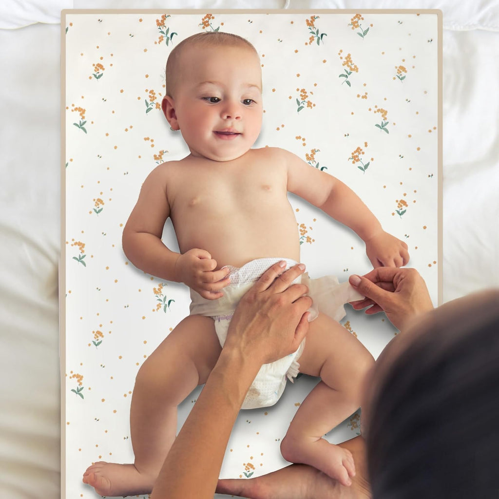 Vegan Leather Baby Changing Mat - Wipeable Portable Changing Pad, Foldable Travel Changing Mat for Baby, Newborns Toddlers Shower Gifts (Orange Floral,20"*28")