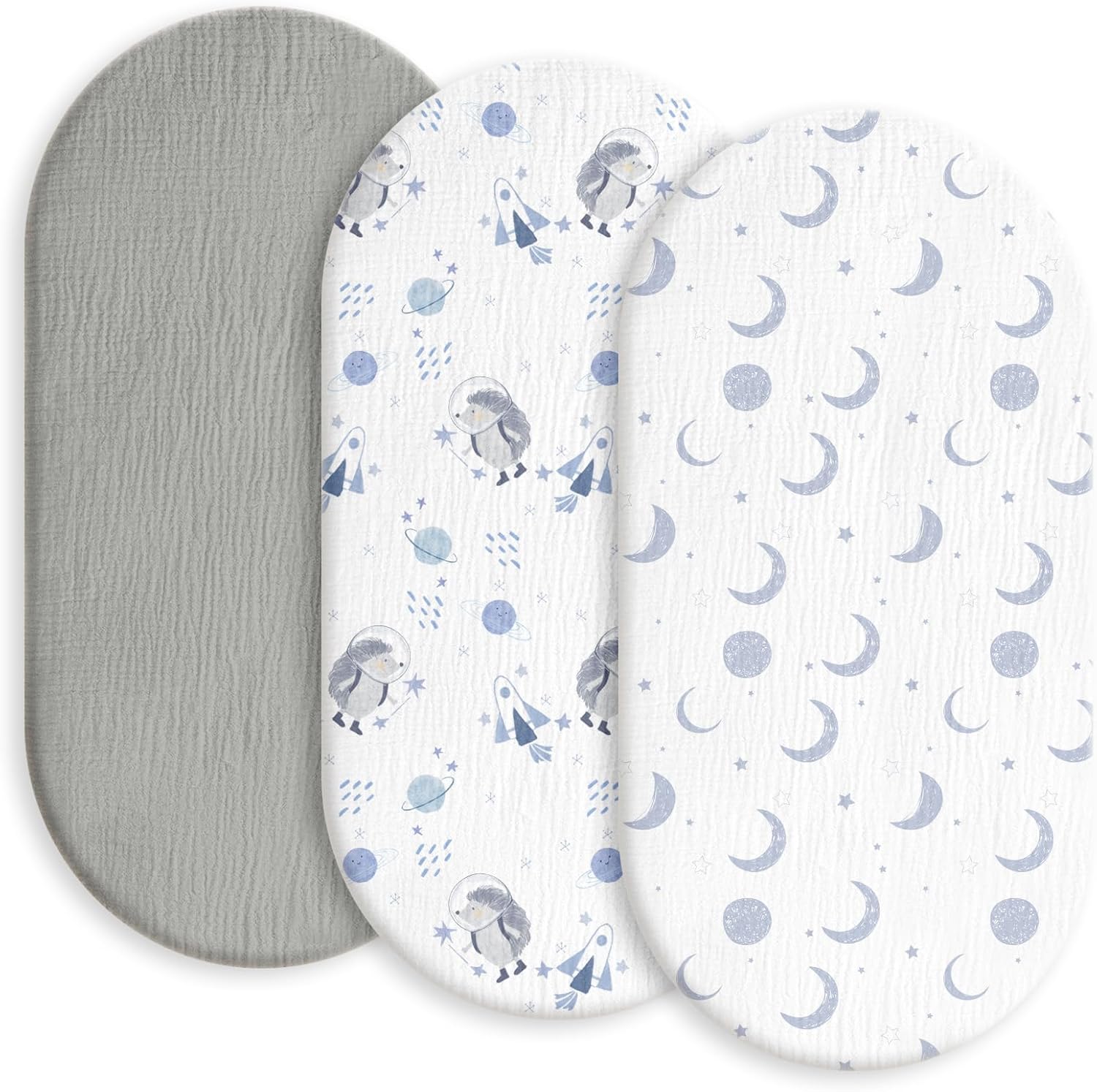 Gllquen Baby Muslin Bassinet Sheets 3 Pack, Breathable Elastic Cozy Fitted Cotton Bassinet Mattress Sheet for Baby Boy Girls, Fit for Hourglass Oval Rectangular Cradle Pad Sheets 33"x17" (Space)
