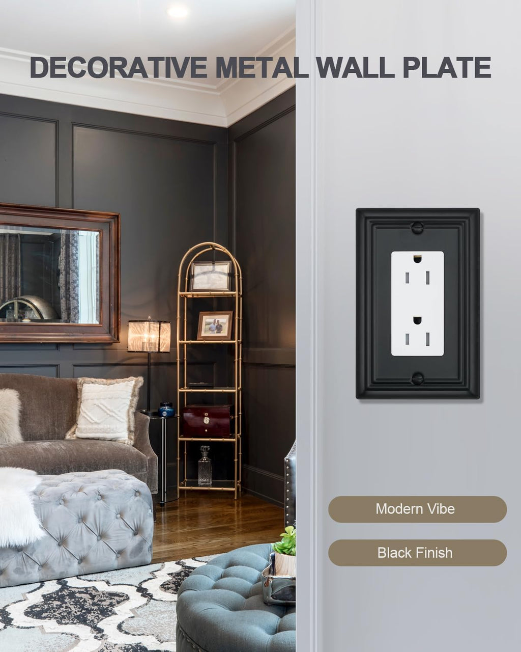 4-Pack Decorator Outlet Covers, Decorative Black Wall Plates, Metal Outlet Cover Plates for Receptacle, GFCI, Dimmer Switch, 3.15''*4.88'', Midsize