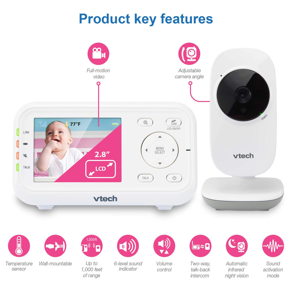 VTech Video Baby Monitor with 1000ft Long Range, Auto Night Vision, 2.8” Screen, 2-Way Audio Talk, Temperature Sensor, Power Saving Mode, Lullabies and Wall-mountable Camera with Bracket, White