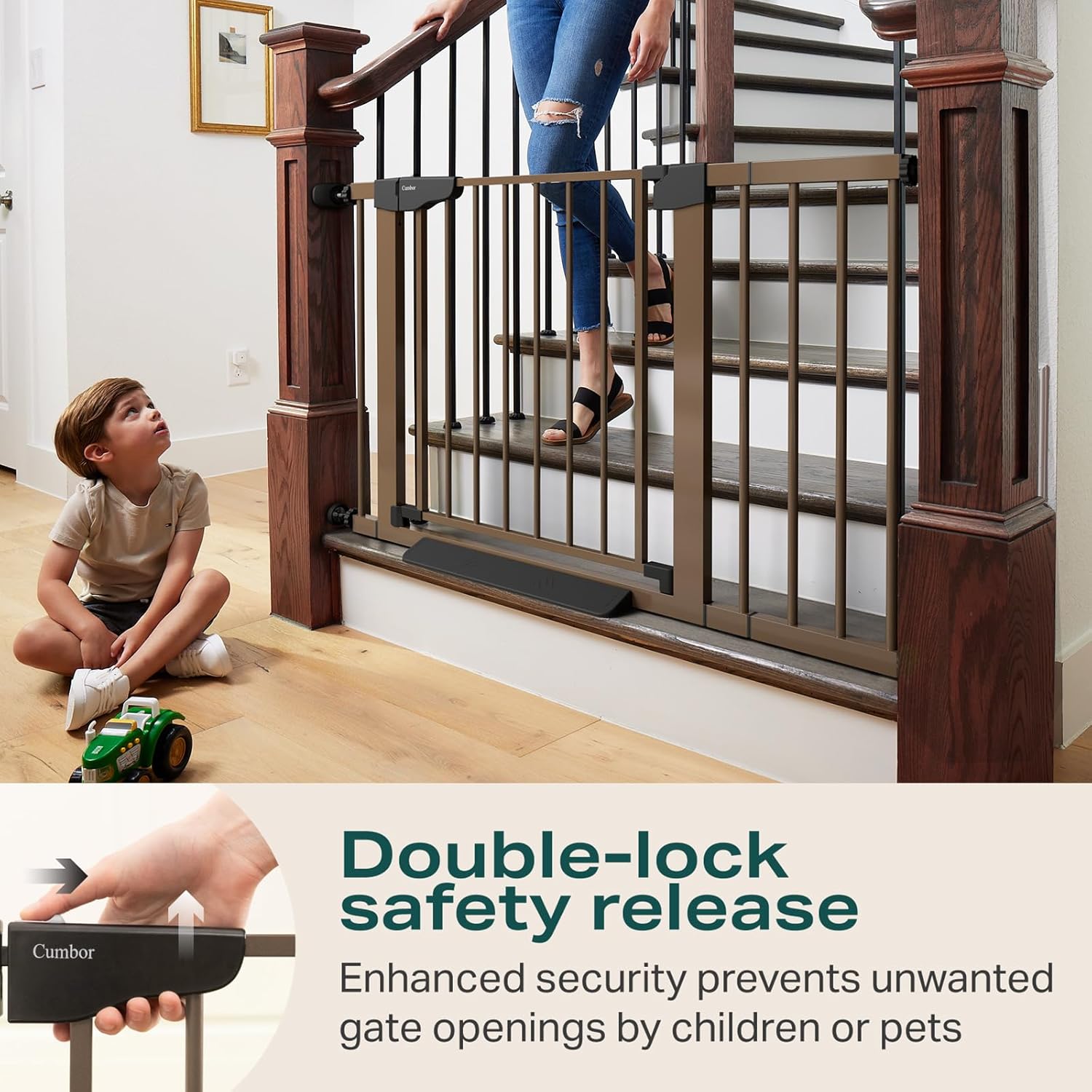 Cumbor 2 Pack 29.7-46" Baby Gate for Stairs, Mom's Choice Awards Winner-Auto Close Dog Gate for doorways, Easy Install Pressure Mounted Pet Gates indoor, Easy Walk Thru Wide Safety Gate for Dog, Brown