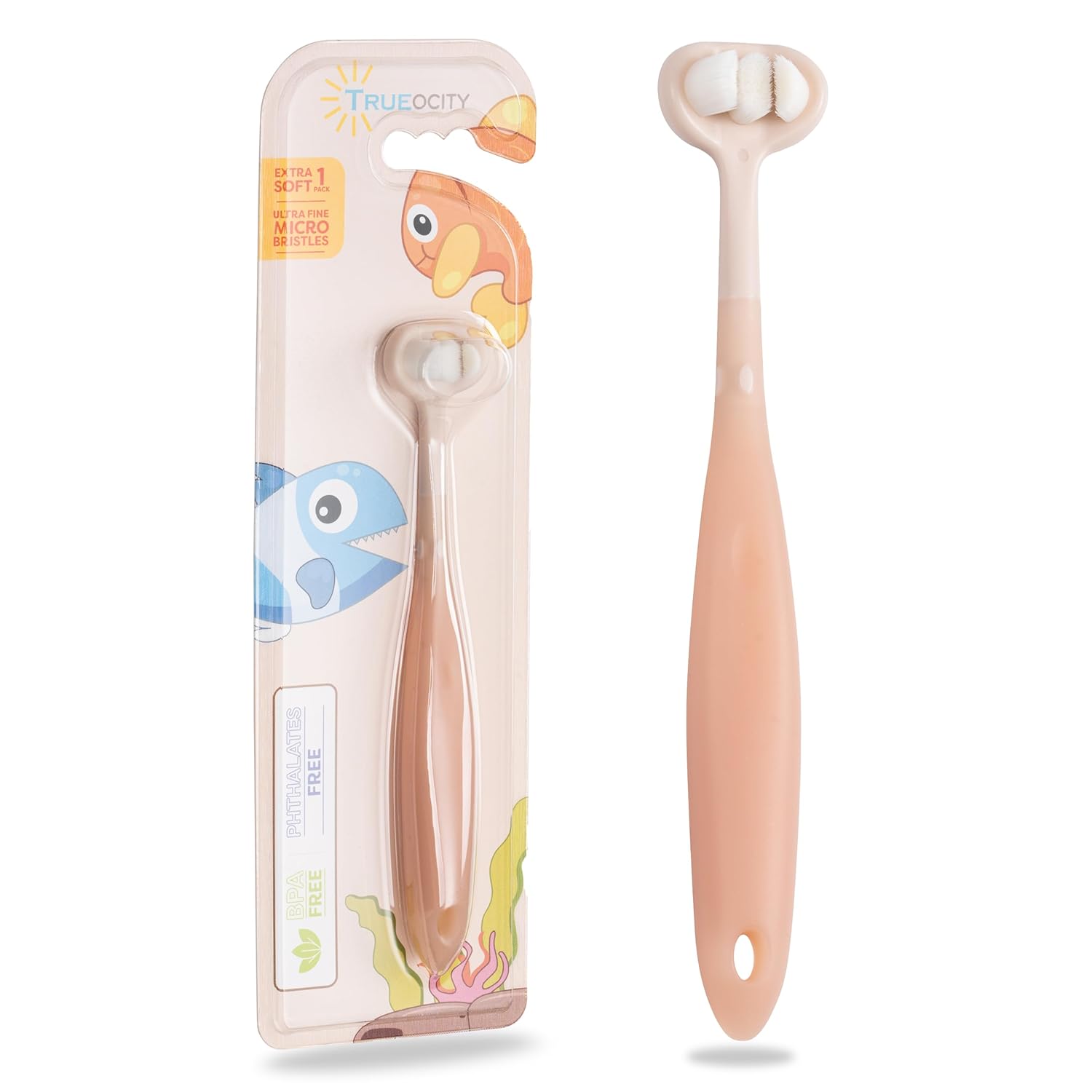 Trueocity Extra Soft Toddler Toothbrush, Toddler Toothbrushes 1-2 2-4, Toothhugger High Efficient 3 Sides Baby Toothbrush 12 Months and Up, Infant Training Brush, 10,000 Ultra-Soft bristles (Apricot)