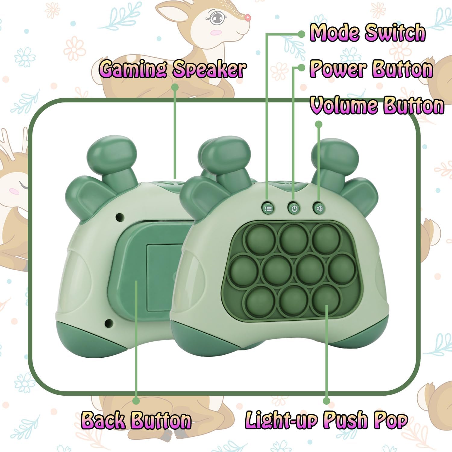 Fast Push Game, Deer Handheld Speed Push Bubble Game Console, Light up Pop Game Sensory Fidget Toys for Kids, Autism Sensory Toys, Birthday Easter Toy for Boys Girls Adults(Green)