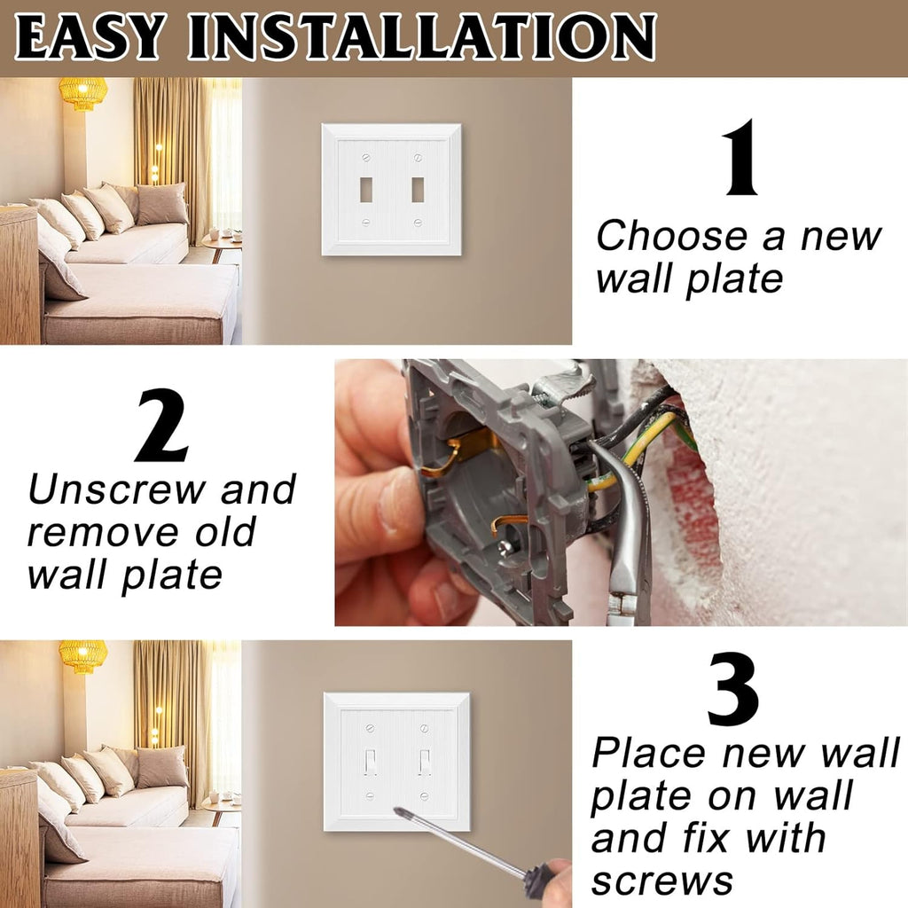 Modern Decorative Wall Plate Switch Plate Outlet Cover, Vintage Retro Wood Grain Design(Double Duplex-10 Pack, White)