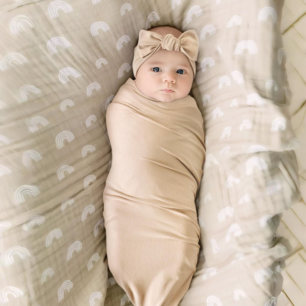 GRSSDER Newborn Swaddle Blanket, Ultra Soft Jersey Receiving Blanket with Matching Headband and Beanie Set 33×44", Stretchy Baby Neutral Swaddle Wrap for Girls and Boys