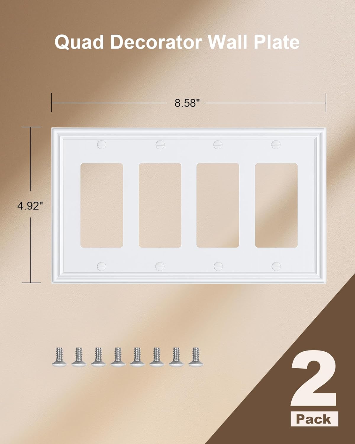 2-Pack Quad Decorator Outlet Cover Plate, Zinc Alloy Decorative Pure White Switch Plates and Outlet Covers, 4 Gang Wall Plates for Electrical Outlets, Receptacle, GFCI Outlet, Dimmer Switch