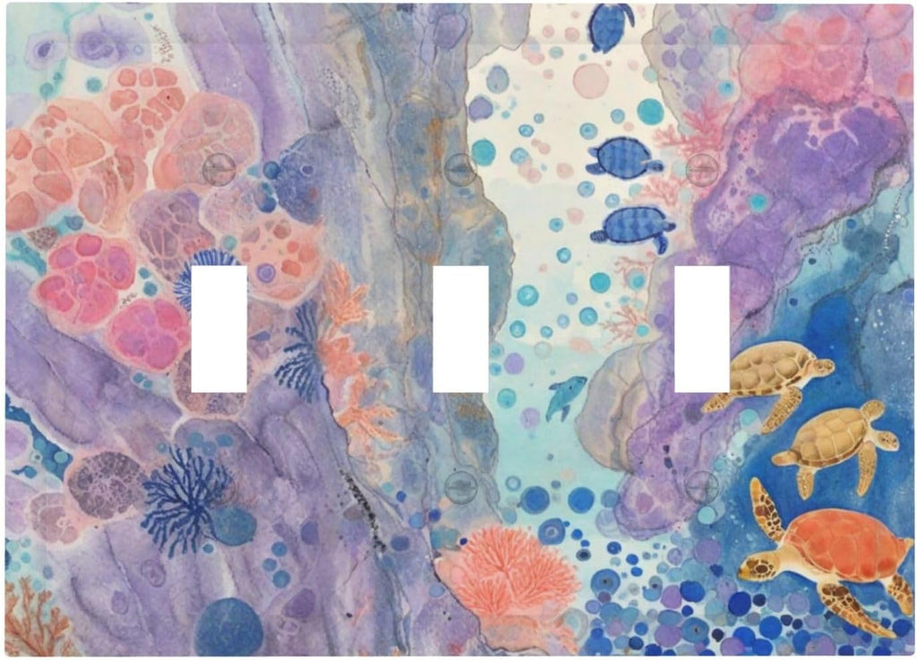 Turtle Coral Fish Watercolor Colorful Underwater World Decorative Switch Plates 3 Gang Wall Plate Triple Toggle Light Switch Cover Faceplate Electrical Wall Panels for Kids Room Home Decor