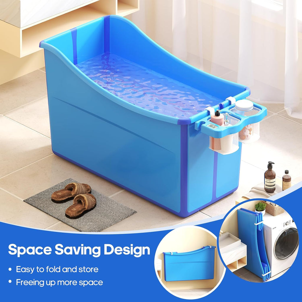 Collapsible Baby Bathtub Foldable Bathtub for Toddler Portable Large Foldable Bath Tub Bathtub for Kids Petite with Thermometer and Storage Basket (Blue)