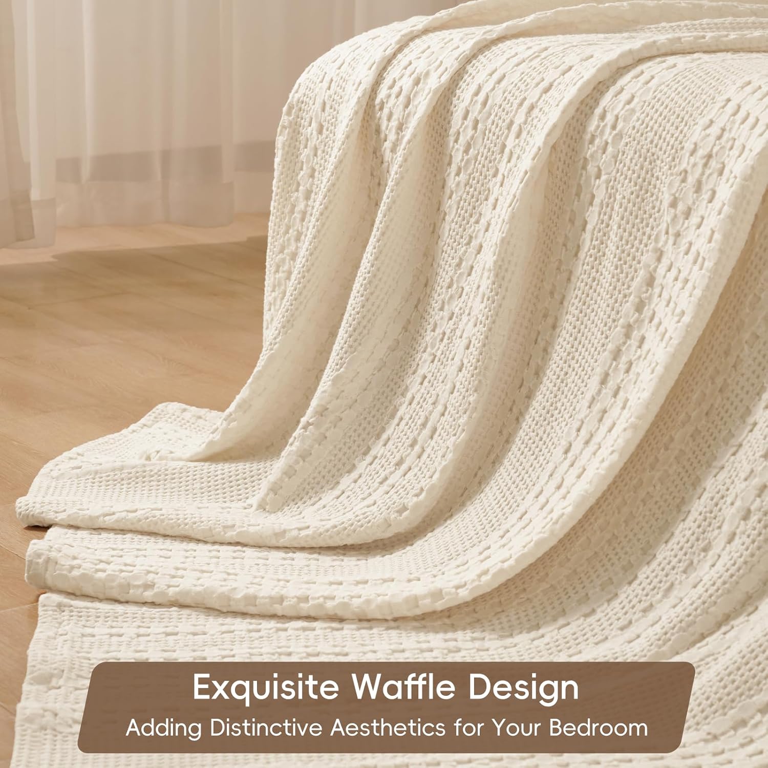 PHF 100% Cotton Waffle Weave Blanket Queen Size, Soft Lightweight Breathable Cozy Summer Blankets for Bed, Luxury Aesthetic Woven Bedding for Home Decor, 90"x90", Undyed