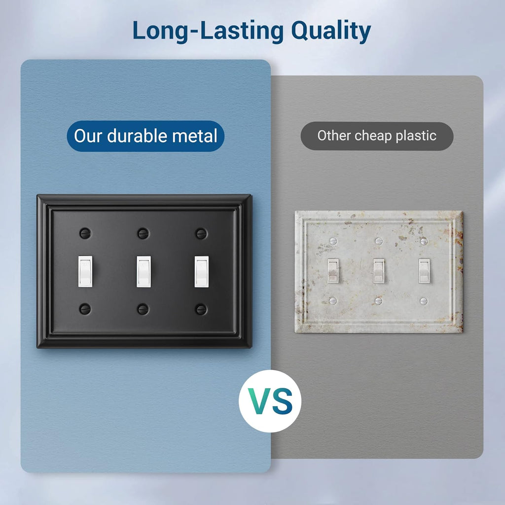 DEWENWILS Triple Toggle Wallplates, Black Light Switch Covers, Heavy Duty Metal Material, Pack of 2