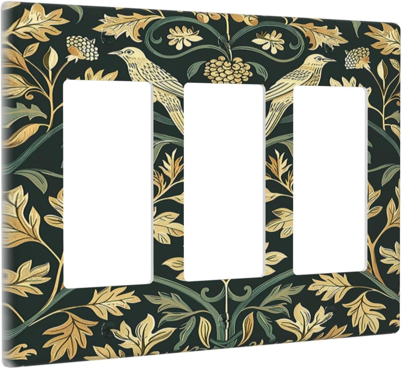 Light Switch Covers William Morris Vintage Botanical Birds Golden Green Leaves 3 Gang Rocker Electrical GFCI Decorative Triple Outlet Wall Plate Cover Switchplate for Bedroom Home Decor