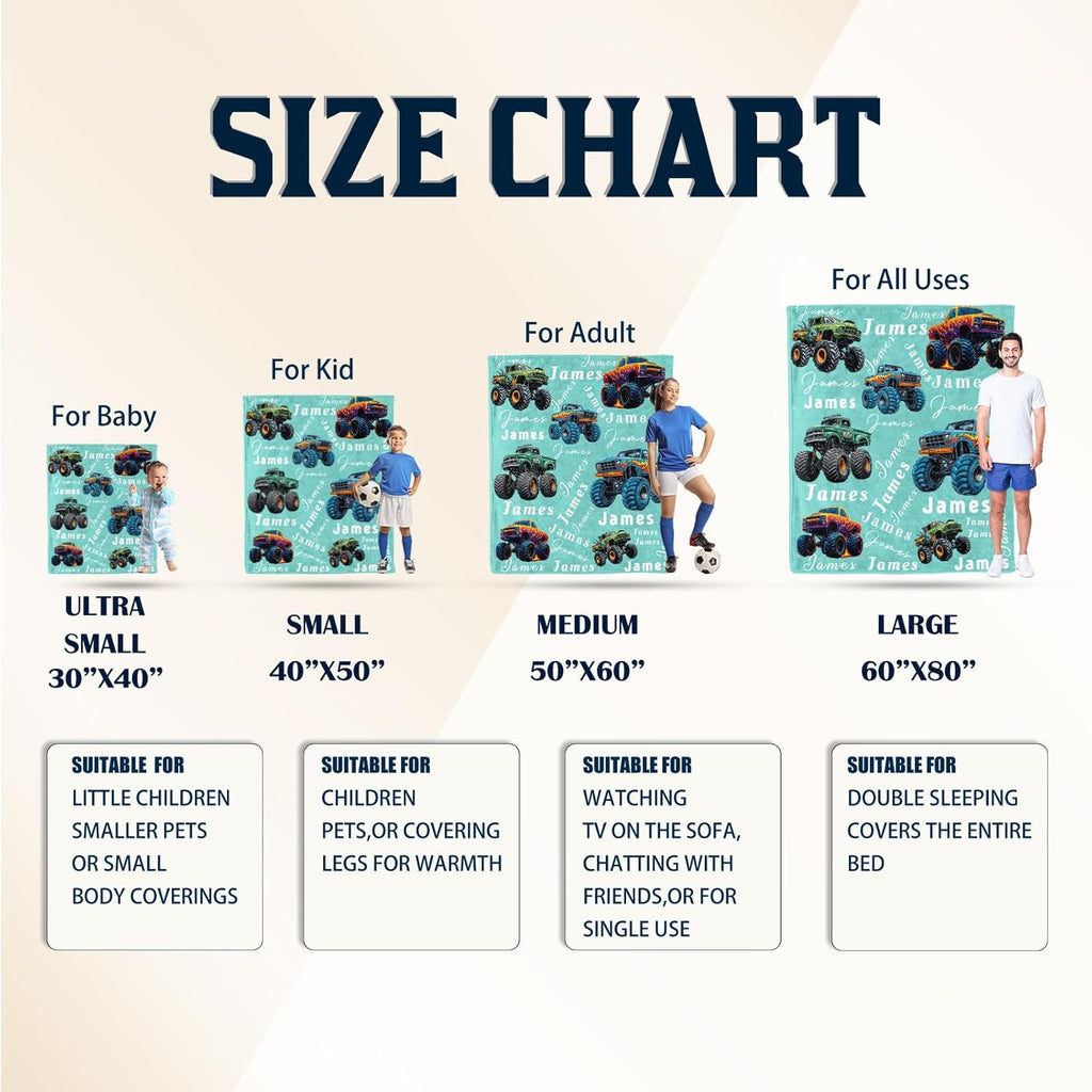 Ship Next Day, Personalized Truck Blanket - Printed in USA, Custom Name Blankets for Kids with Big Off Road Auto Vehicle Graphic, Home Bedding Decor, Fun Birthday Gift for Boys&Girls Women Man