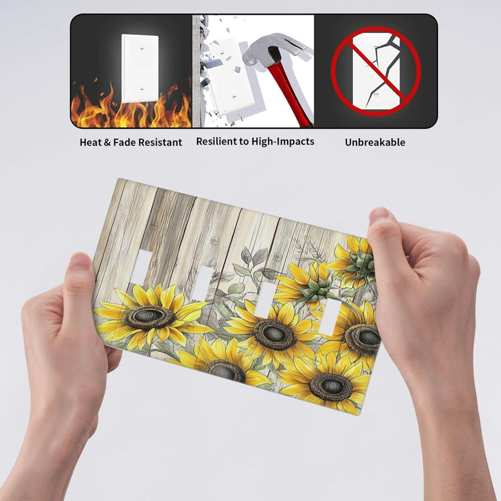 Light Switch Covers Floral Sunflower Rustic Flower Vintage Wood Quad Toggle Electrical Faceplate 4 Gang Wall Plate Decorative Switch Plates For Farmhouse Cabin Decor