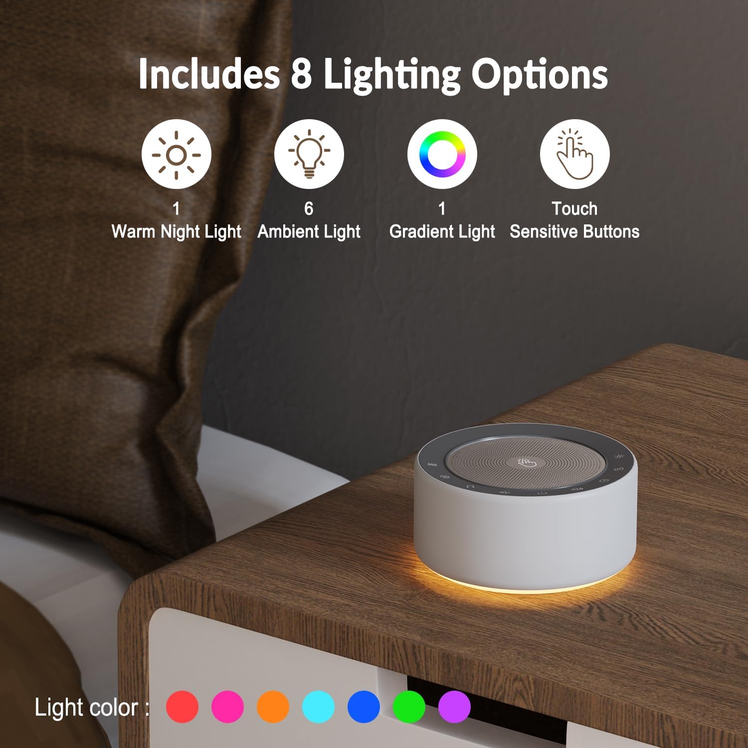 Kipcush White Noise Sound Machine with Nursery Lamp, Mood Lighting, 7 Colour Night Light, 30 Soothing Sounds for Baby/Adult. Timer, Plug in, Memory Function, Touch Control