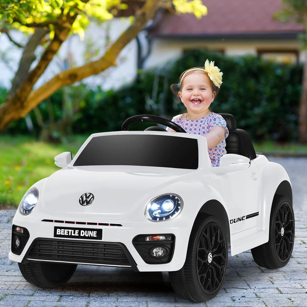 Costzon Ride on Car, 12V Licensed Volkswagen Beetle Battery Powered Vehicle w/Remote Control, Spring Suspension, Lights, USB, Horn, Music, 4 Wheeler for Boy Girl Gift, Electric Car for Kids, White