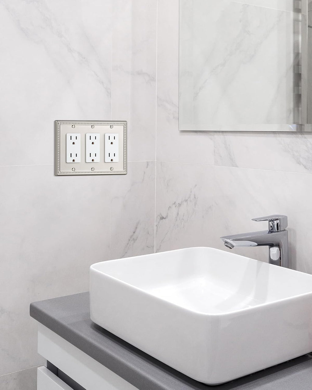 2-Pack Triple Decorator Outlet Cover Plate, Brushed Nickel Pearls Decorative Switch Plates and Outlet Covers, Metal Wall Plates for Electrical Outlets.