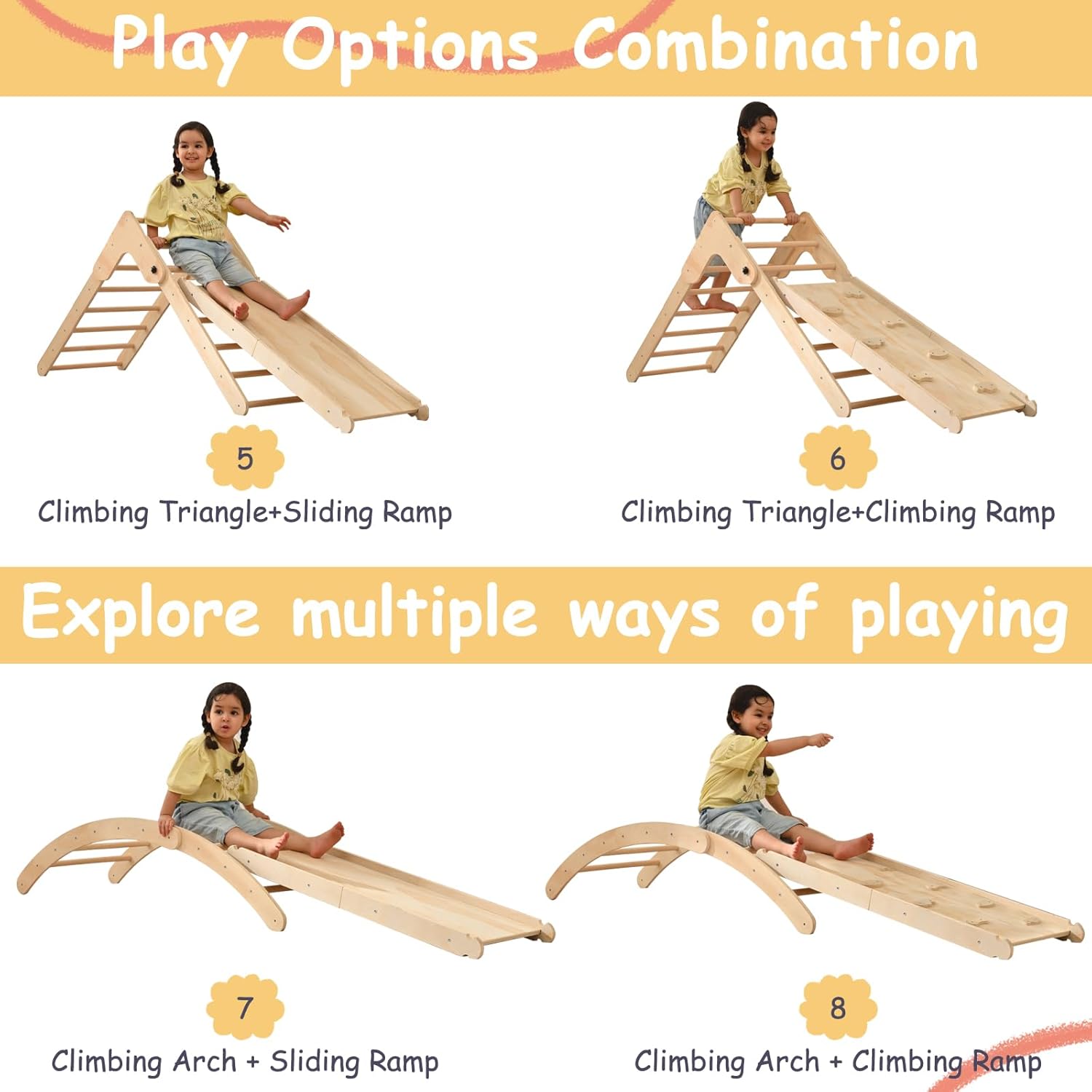 Climbing Toys for Toddlers Inside, Pikler Triangle Set with Rocker and Slide 8 in 1, Montessori Toys Toddler Climbing Toys Indoor, Baby Climbing Gym, Wooden Playground for Kids