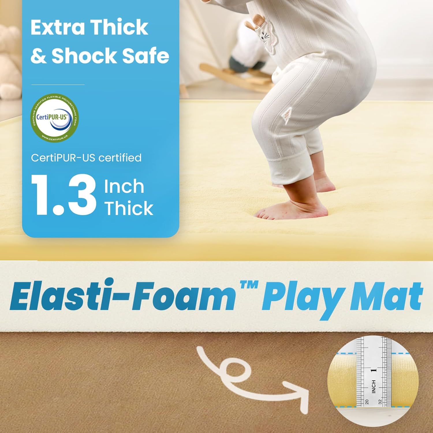 Baby Play Mat for Kids Room,Extra Thick Elasti-Foam Anti-Fall Cushion Mat for Babies,Toddlers,Infants,Water-Repellent&Non-Slip Bedroom Bedside Rugs(Vanilla)