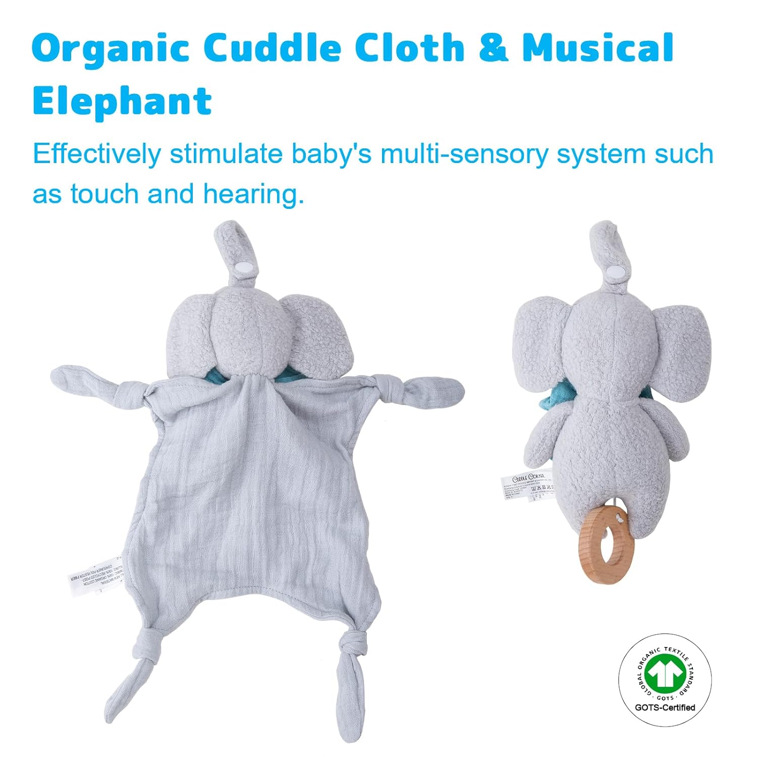 Organic Cotton Stuffed Animal Rattle Baby Toys, Organic Elephant Cuddle Cloth & Organic Musical Elephant Plush Toy Set for Newborns Infant Boys Girls, 2 PCS