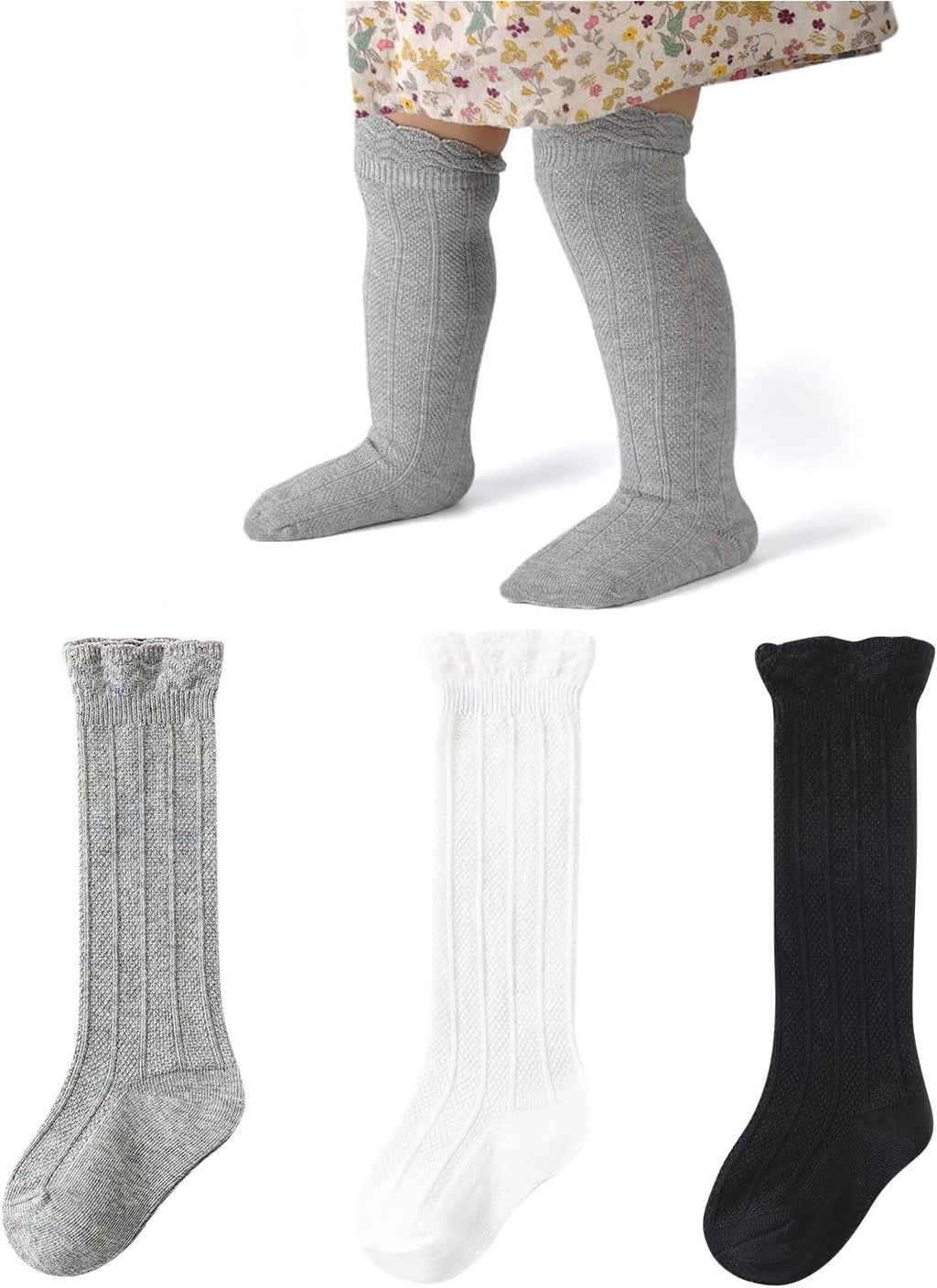 Zando Baby Knee High Socks - Infant to Toddler, Cotton Ruffle Socks, Warm Girls & Boys Long Stockings, 3-6 Pairs