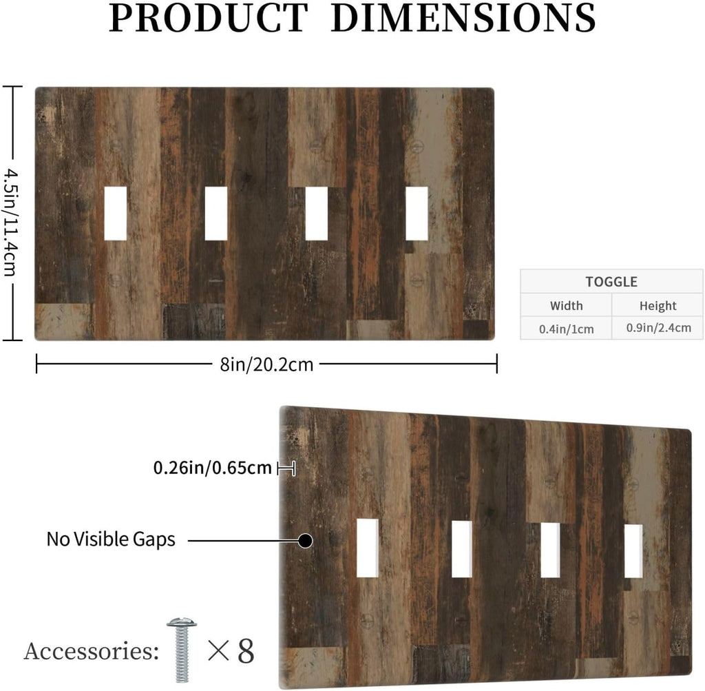 Rustic Brown Wood Grain Dark Oak Light Switch Covers Quad Toggle Electrical Faceplate 4 Gang Wall Plate Decorative Switch Plates for Farmhouse Home Decor