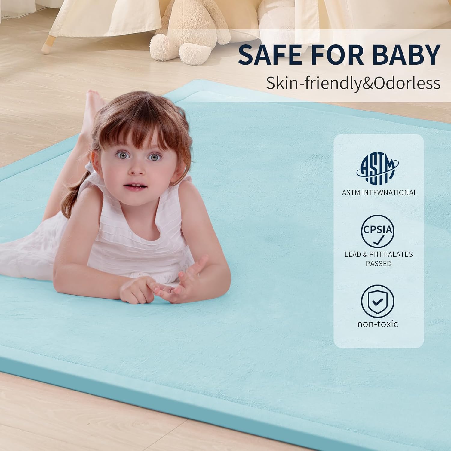 ACOMOPACK Baby Play Mat for Floor 1.3" Thick Memory Foam Play Mats 71"×79" Tummy Time Crawling with Non-Slip Bottom for Living Room,Nursery,Soft Velvet Playpen for Kids,Infants（Light Blue）