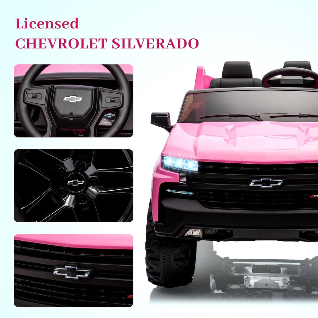Hetoy 24V 2-Seater Truck Licensed Chevrolet Silverado Ride On Car Toy w/Parent Remote Control,4xSpring Suspension, 3 Speeds, Wireless Music, MP3 Player, Electric Vehicle Car for Kids, Pink
