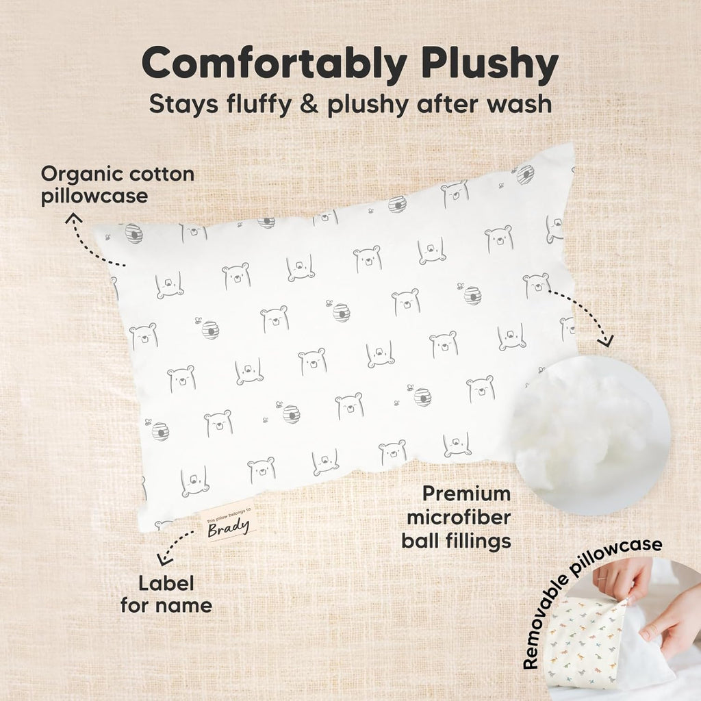 Mini Toddler Pillow with Pillowcase - 9x13 My Little Dreamy Travel Kids Pillow for Sleeping, Toddler Bed, Small, Tiny, Organic Cotton Pillowcase, Soft & Breathable, Kids 2-4 Years Old(Bumble Bear)