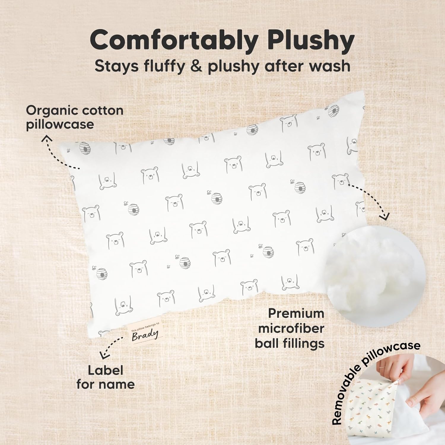 Mini Toddler Pillow with Pillowcase - 9x13 My Little Dreamy Travel Kids Pillow for Sleeping, Toddler Bed, Small, Tiny, Organic Cotton Pillowcase, Soft & Breathable, Kids 2-4 Years Old(Bumble Bear)