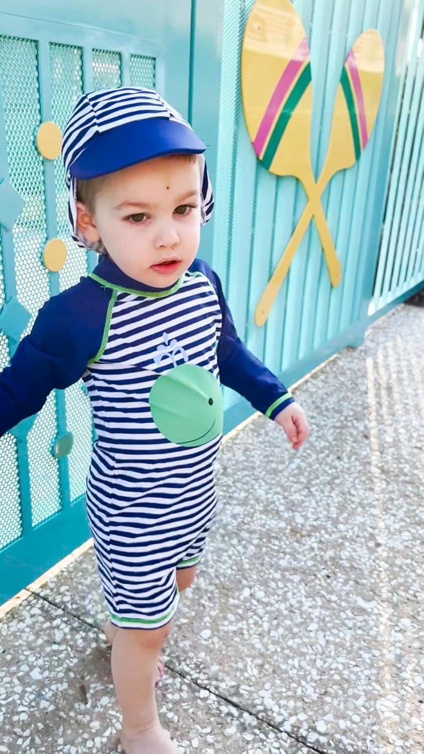 uideazone Baby Boys One Piece Swimsuit Long Sleeve UPF 50+ Rash Guard Bathing Suit Swimwear with Sun Hat 0-24 Months