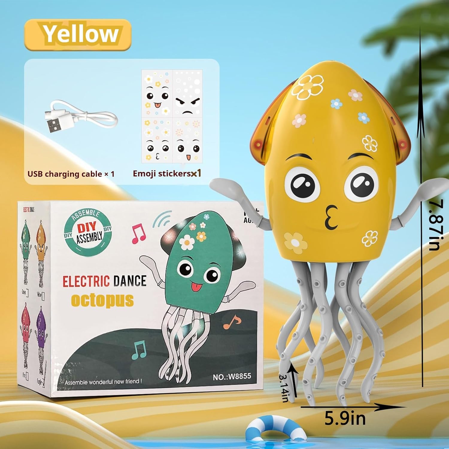 Dancing Octopus Toy Electric Crawling Baby Toy with Lights & Music Tummy Time Octopus Toy | DIY Expressions, Obstacle Avoidance | for Boys and Girls Party Gift Birthday, Christmas (Yellow)