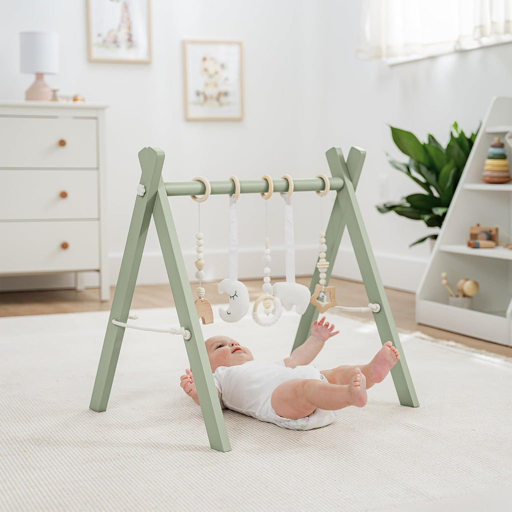 Comfy Cubs Wooden Baby Play Gym - Natural Finish Pinewood Baby Activity Gym with 5 Sensory Hanging Toys - Easy No-Tool Assembly, Safe and Durable for Infant Motor and Visual Development - Sage