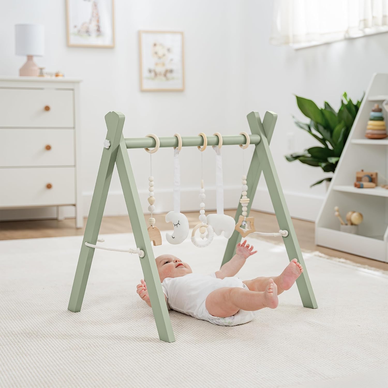 Comfy Cubs Wooden Baby Play Gym - Natural Finish Pinewood Baby Activity Gym with 5 Sensory Hanging Toys - Easy No-Tool Assembly, Safe and Durable for Infant Motor and Visual Development - Sage