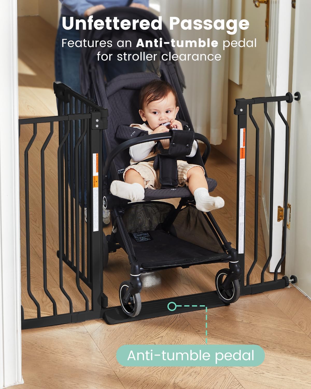 Mom's Choice-GROWNSY Baby Gate for Stairs, 29.5"-48.4" Pressure Mounted Baby Gate for Top of Stair&Doorway with Y-Spindle Rods, Anti-Trip Pedal, Wide Stairs Dog Gate Easy Install w/Red Reminder,Black