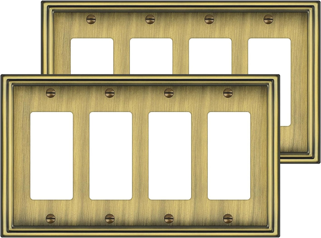 2 Pack Quad Decorator Switch Covers Wall Plate, Antique Brass Metal Material Rocker Switch Plates, 4 Gang Wall Plate for Receptacle, GFCI Outlet, Dimmer Switch - Classic Style