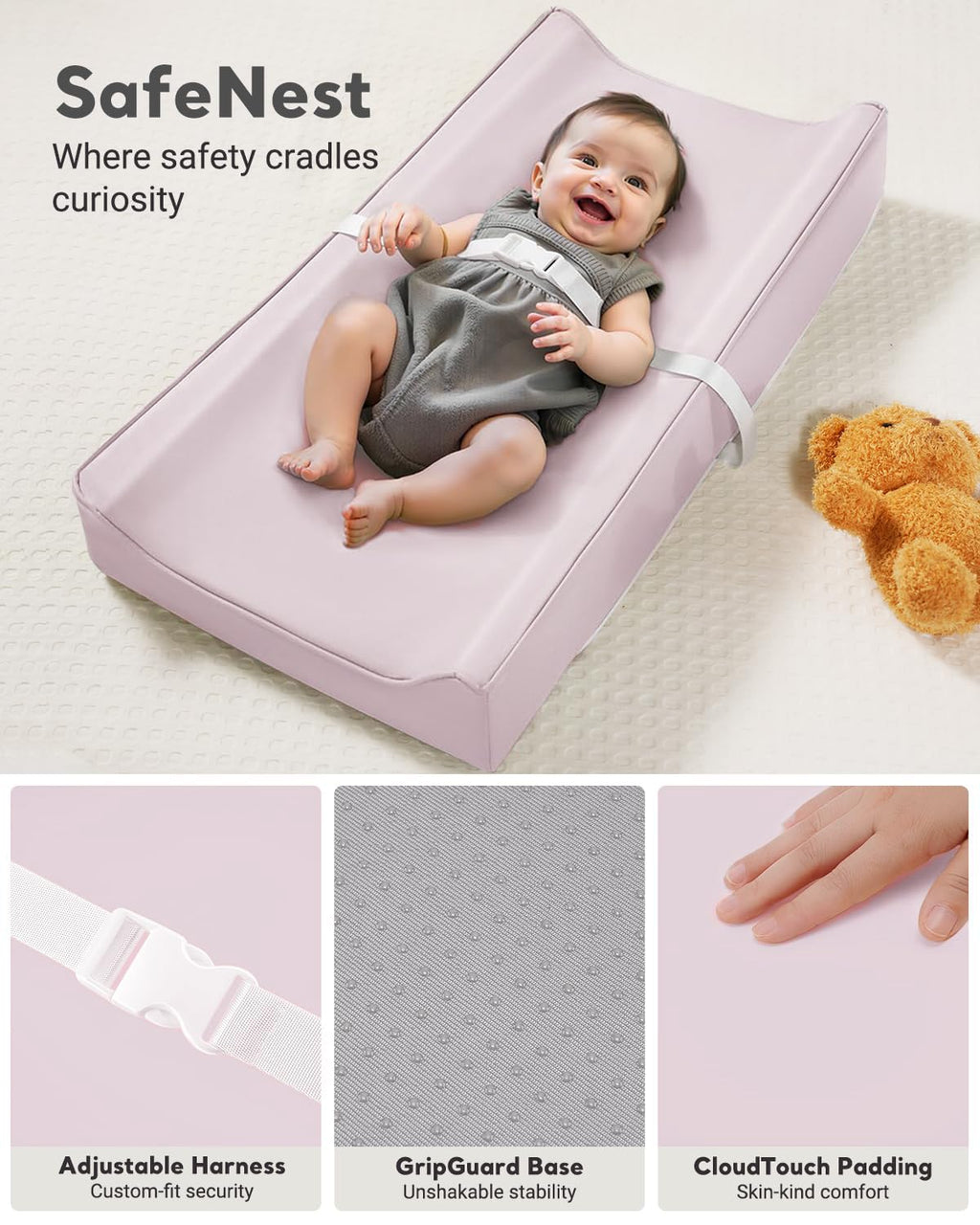 Vegan Leather Waterproof Baby Changing Pad - Wipeable, Extra Thick & Portable & Non-Slip Diaper Mat for Dresser, Crib, Travel | Soft & Safe (Pink)