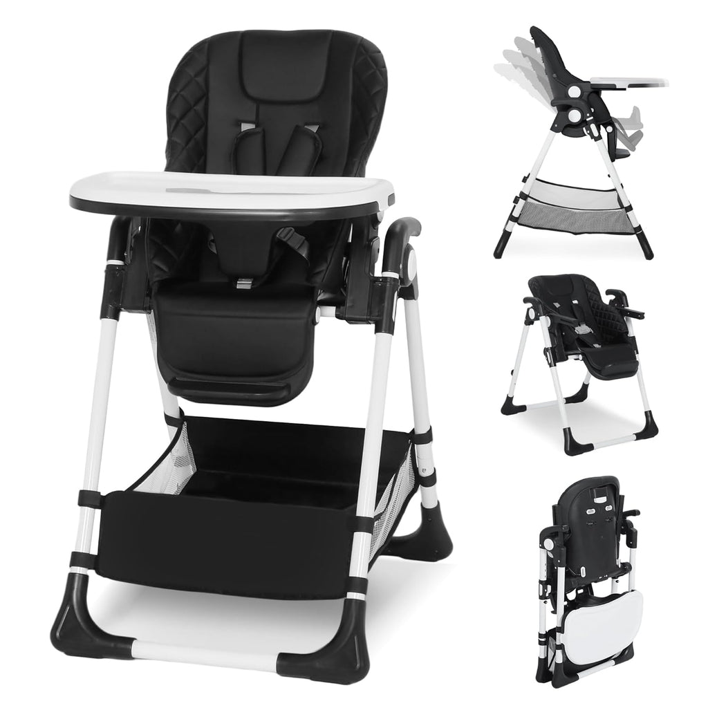 Kinder King Convertible Baby High Chair, Adjustable Feeding Chair for Babies and Toddlers with Removable Double Tray, Simple Compact Fold for Space-Saving, 2 Built-in Wheels, Easy to Clean, Black