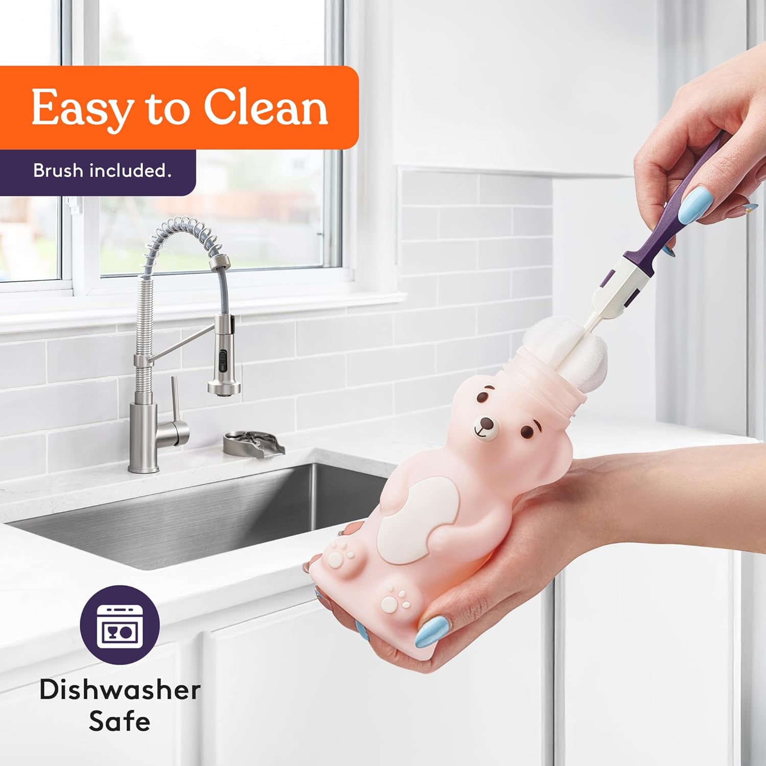 Special Supplies Honey Bear Straw Cup Long Straws, Squeezable Therapy and Special Needs Assistive Drink Container, Spill Proof and Leak Resistant Lid (Pack of 1 Bottle and 3 Straws) (Pink)