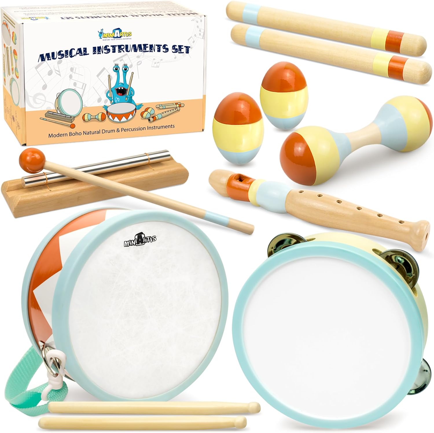 MINIARTIS Toddler Musical Instruments - Montessori Wooden Musical Toys for Toddlers 1-3 | Modern Boho Baby Drum Set with Neutral Colors Percussion Instruments | Kids Preschool Educational 3+
