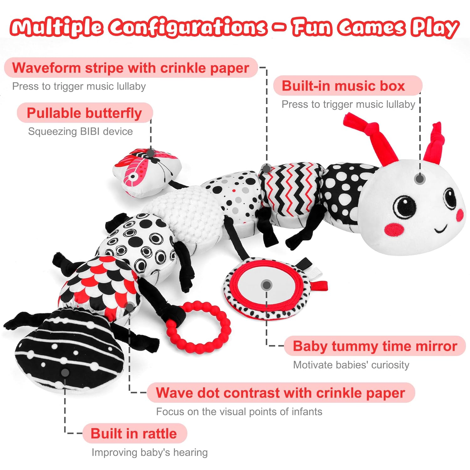 Baby Toys 0-12 Months - Musical Caterpillar Stuffed Animal Soft Plush Toys for Infant Girls Boys 3 6 12 Months Tummy Time Sensory High Contrast Black White Newborn Toys Gifts, W/ Mirror Rattle