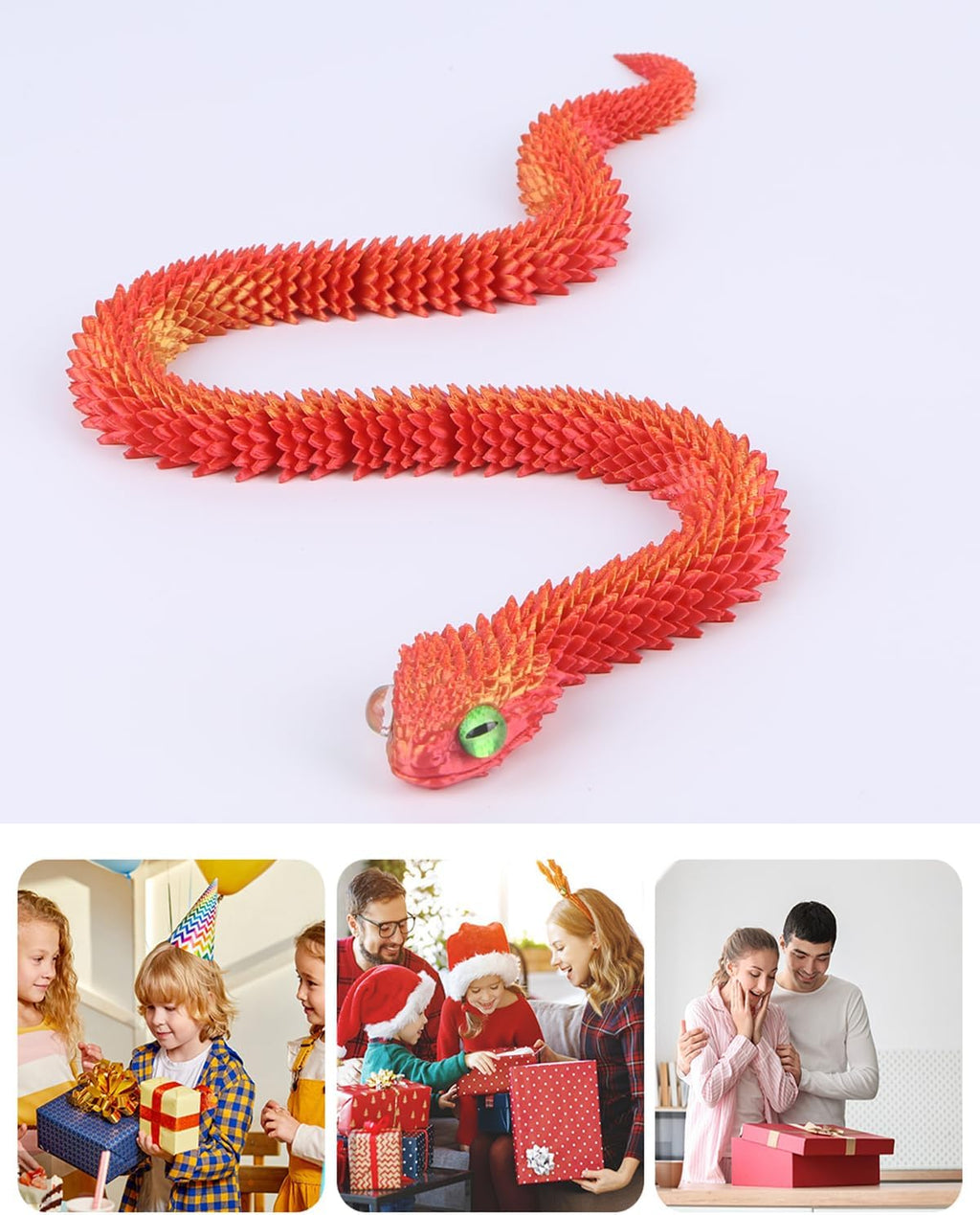 3D Printed Animals-Snake Viper, 24 in Surprise Mystery Snake Fidget Toy Creative Toy 3D Printed Articulated Snake Collectibles Home Office Executive Desk Decor (Red Gold)