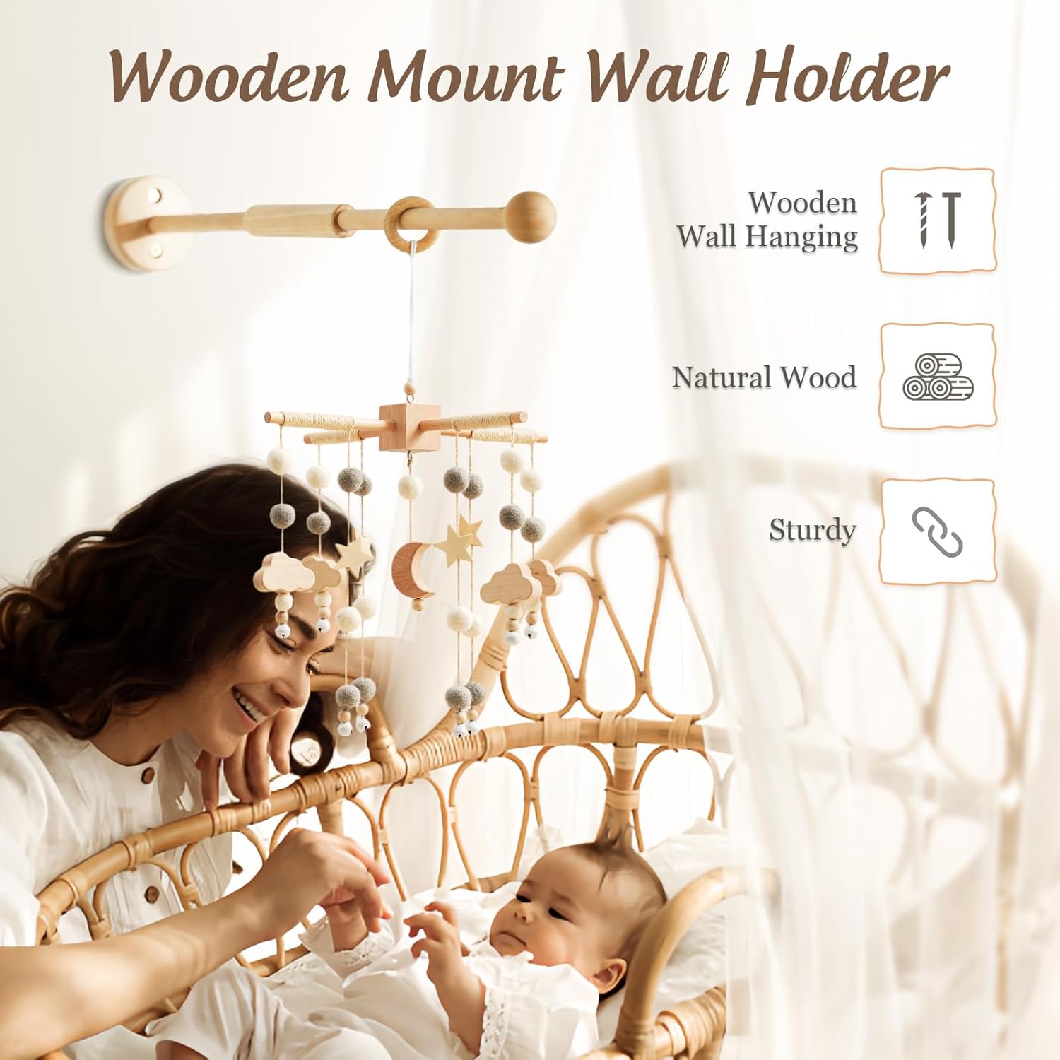 Wooden Crib Mobile Arm | Baby Mobile Hanger | Wooden Mount Wall Holder | Nursery Decor for Sturdy Mobile for Newborn Boys and Girls